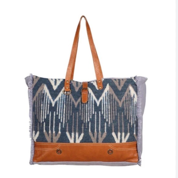 Myra Bag Handbags - Myra Bag Beholden Blue Canvas Leather Oversized Boho Weekender Travel Bag